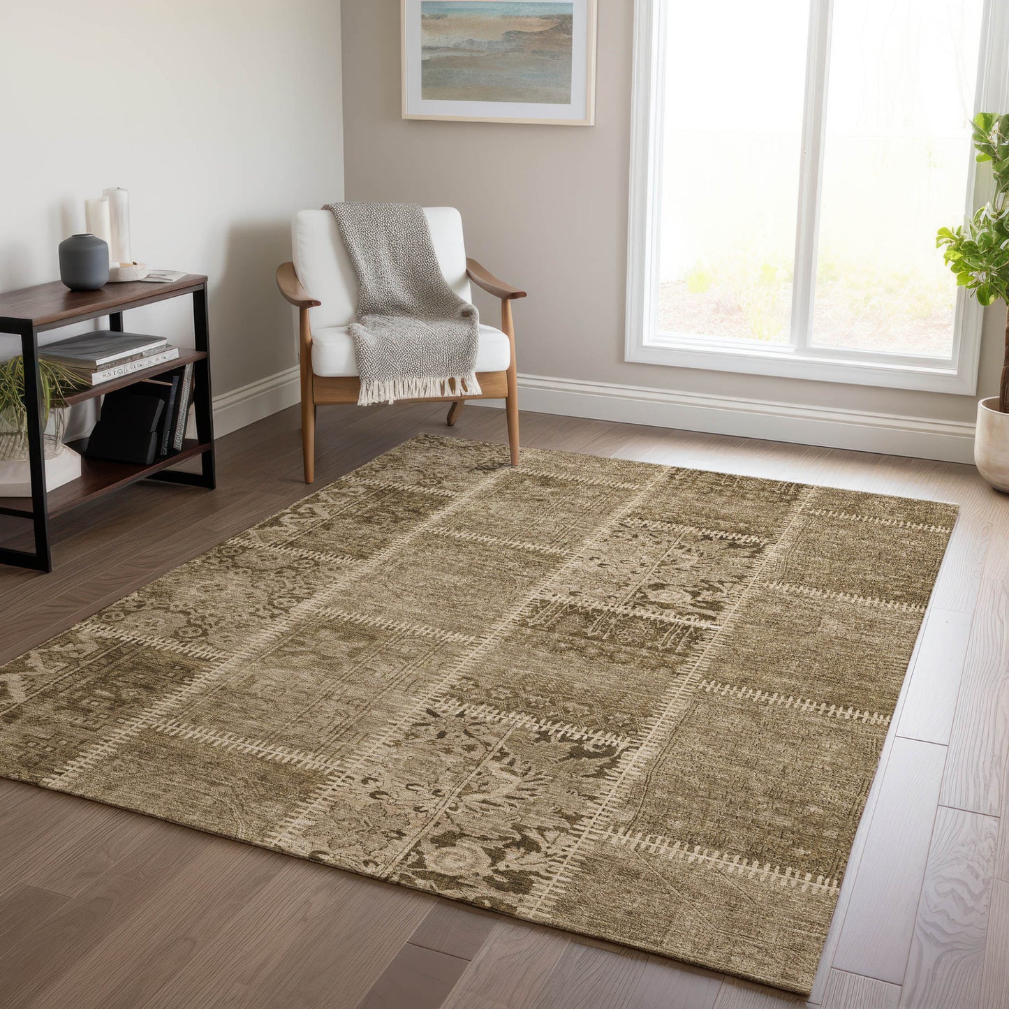 3' X 5' Brown And Beige Patchwork Washable Indoor Outdoor Area Rug