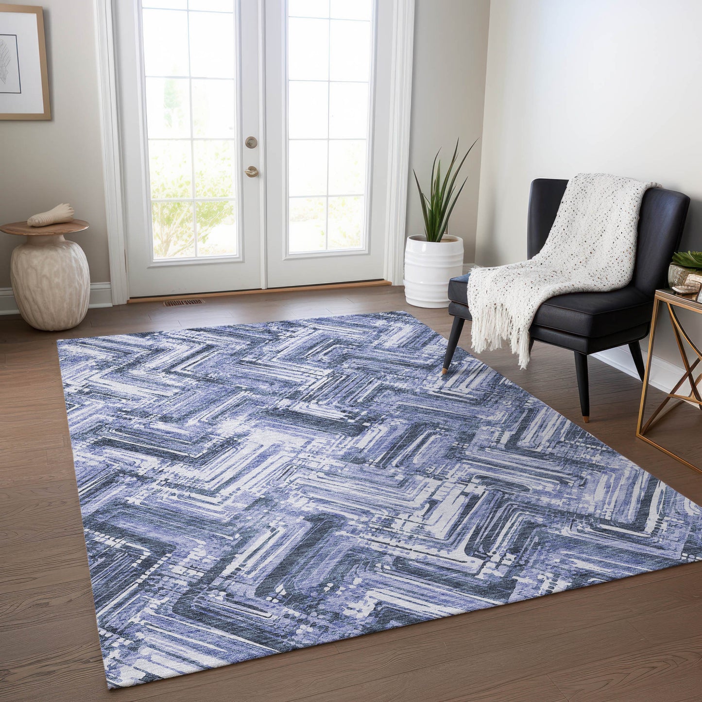 10' X 14' Navy Blue And Sky Blue Geometric Washable Indoor Outdoor Area Rug