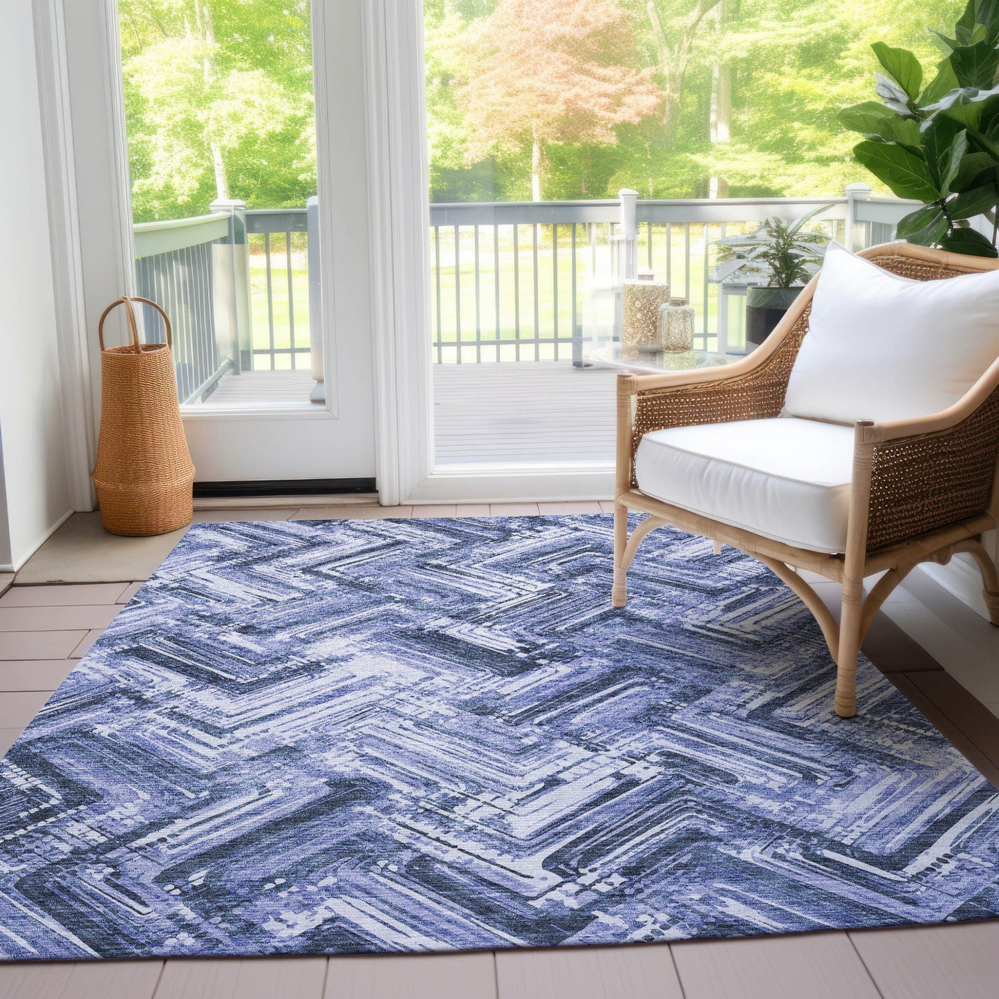 10' X 14' Navy Blue And Sky Blue Geometric Washable Indoor Outdoor Area Rug