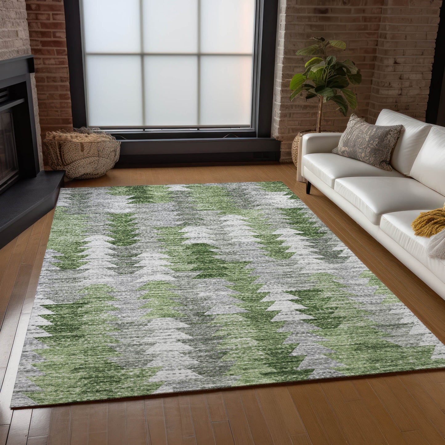 5' X 8' Green And Fern Green Geometric Washable Indoor Outdoor Area Rug