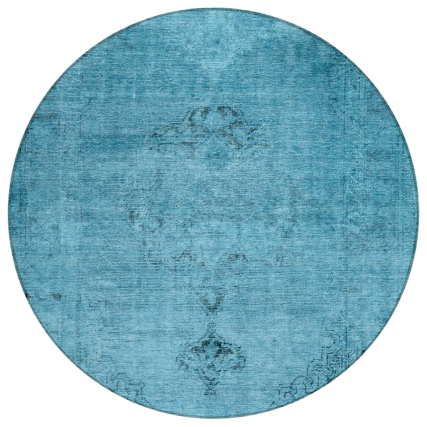 8' Denim Blue And Navy Blue Round Oriental Washable Indoor Outdoor Area Rug