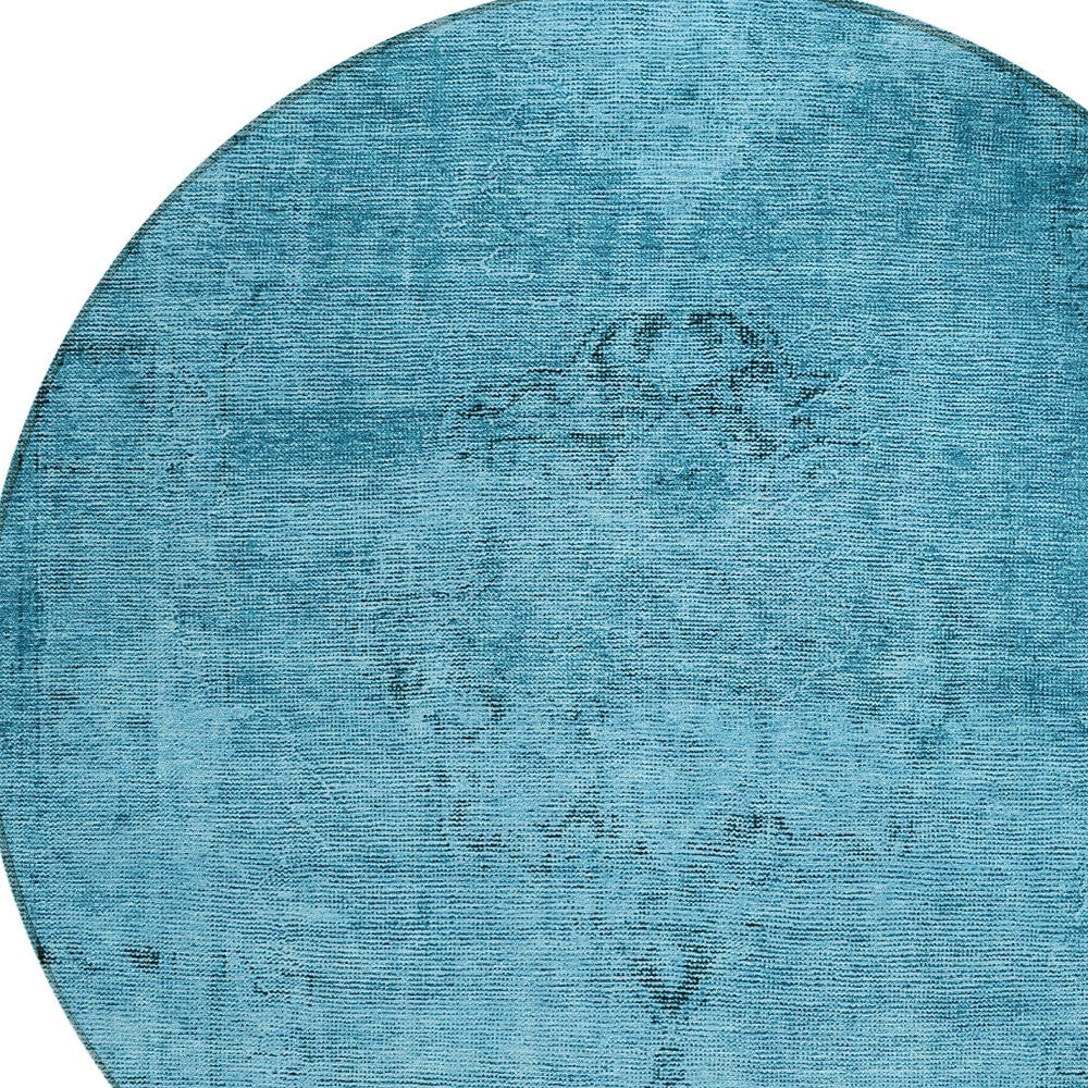 8' Denim Blue And Navy Blue Round Oriental Washable Indoor Outdoor Area Rug