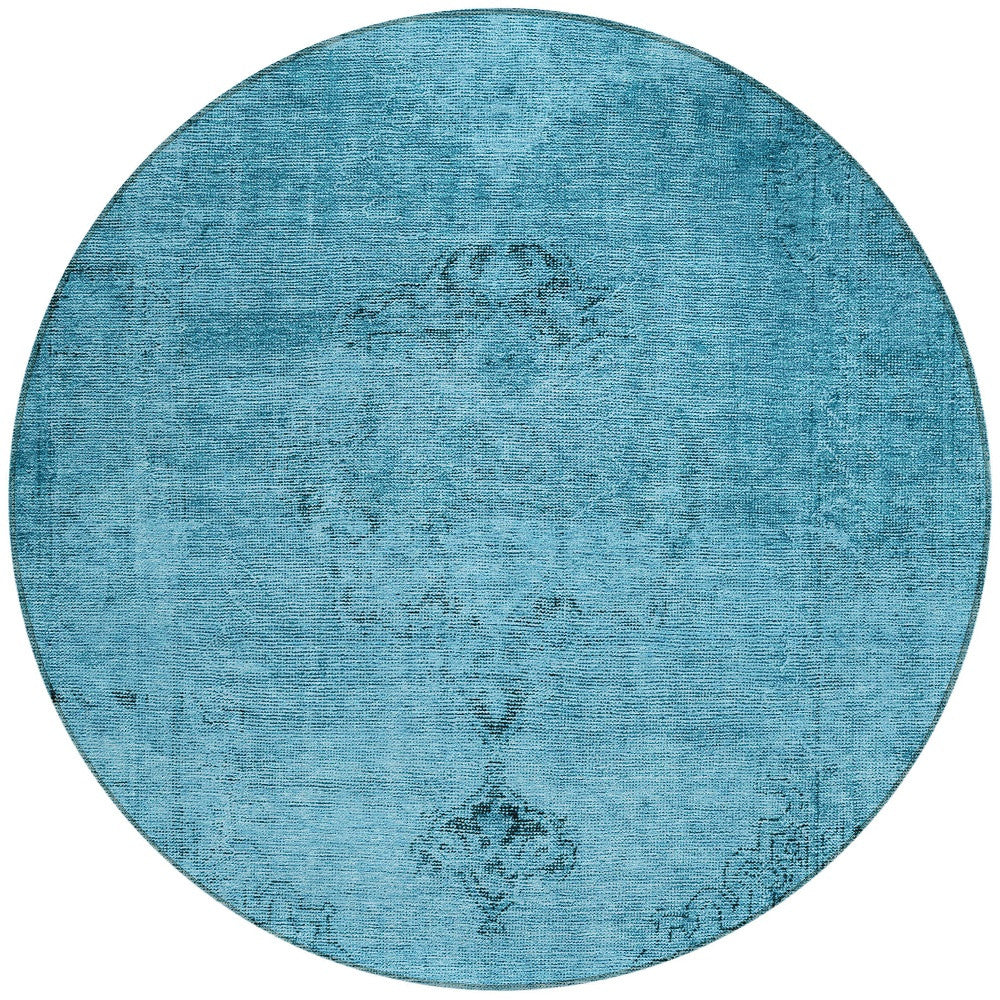 8' Denim Blue And Navy Blue Round Oriental Washable Indoor Outdoor Area Rug