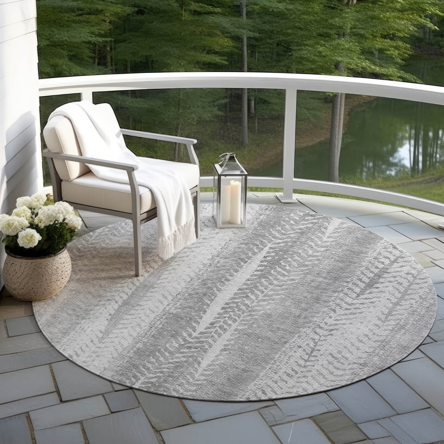 8' Silver Gray And Graphite Round Botanical Leaves Washable Indoor Outdoor Area Rug