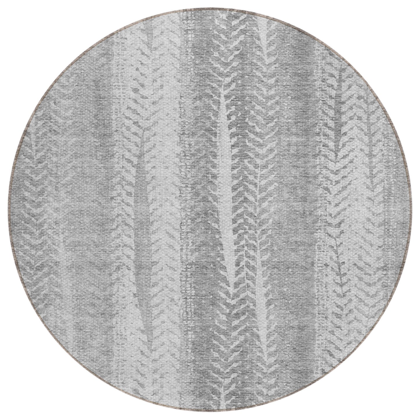 8' Silver Gray And Graphite Round Botanical Leaves Washable Indoor Outdoor Area Rug