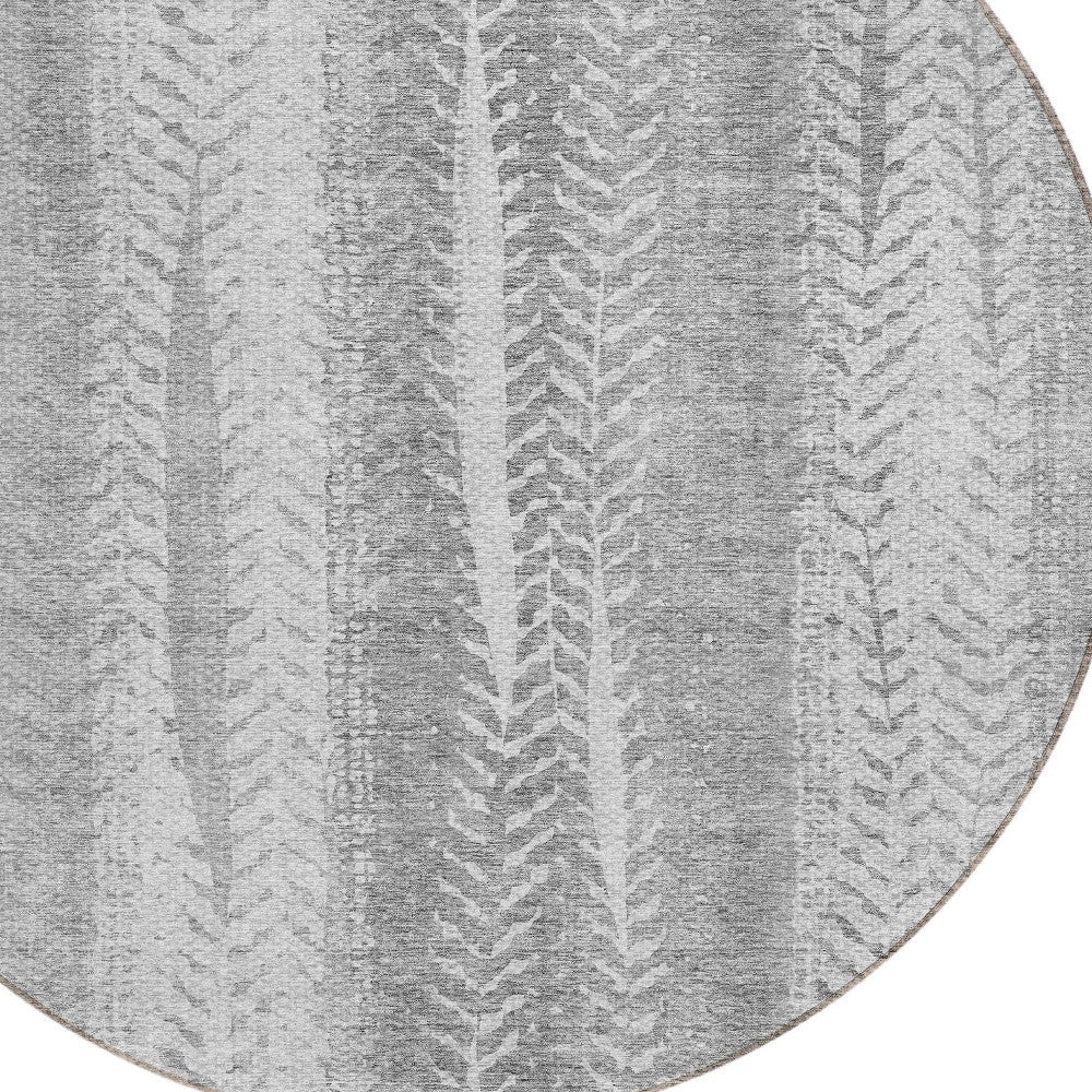 8' Silver Gray And Graphite Round Botanical Leaves Washable Indoor Outdoor Area Rug