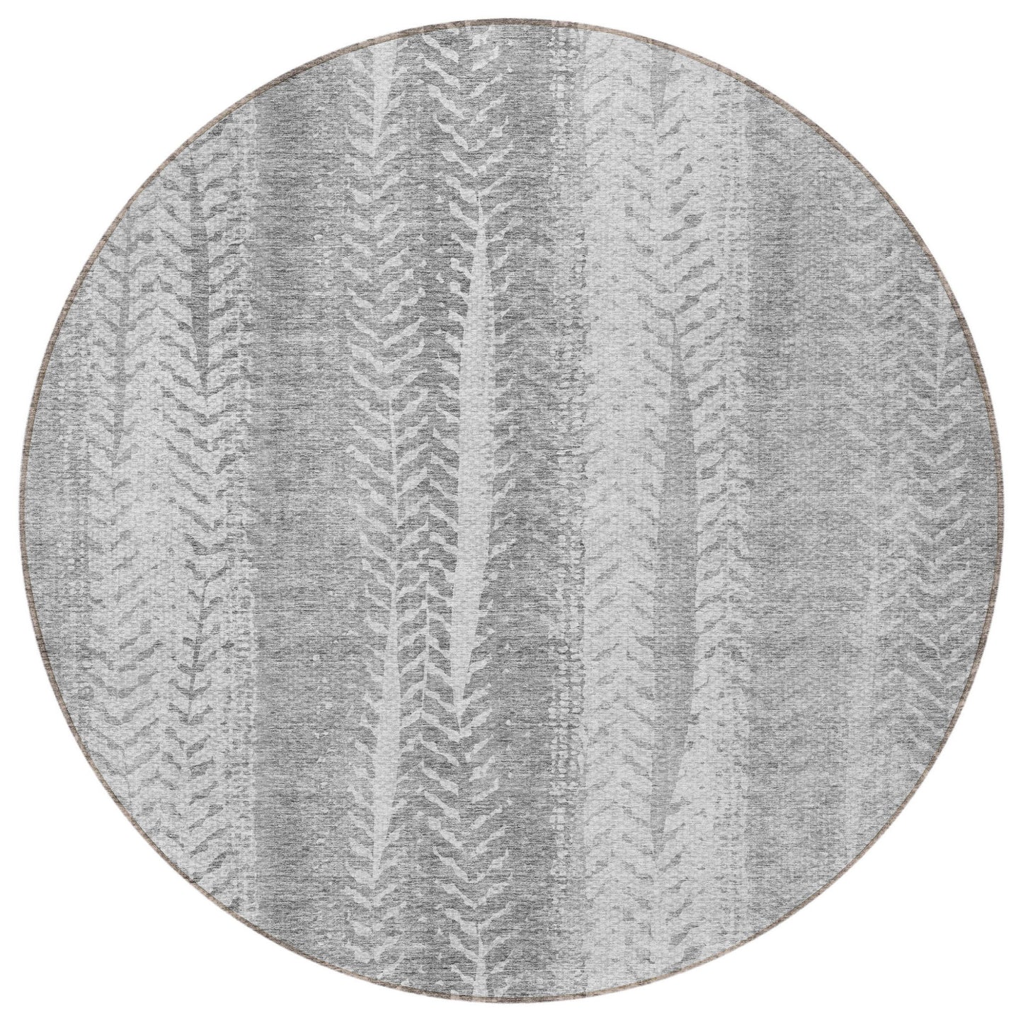 8' Silver Gray And Graphite Round Botanical Leaves Washable Indoor Outdoor Area Rug