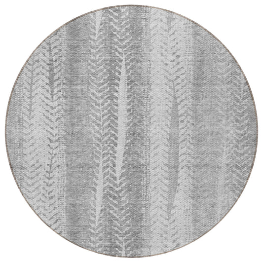 8' Silver Gray And Graphite Round Botanical Leaves Washable Indoor Outdoor Area Rug