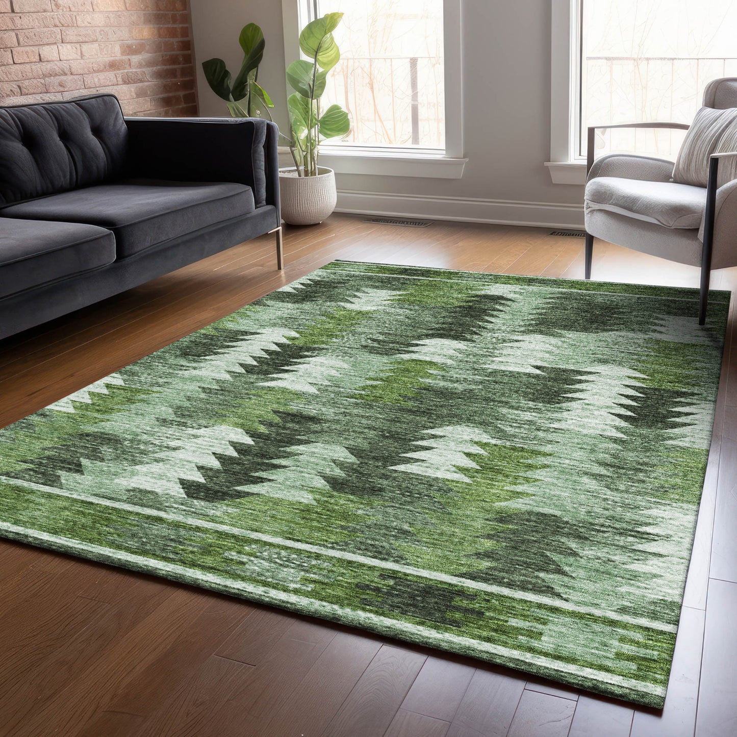 8' X 10' Olive Green And Fern Green Southwestern Washable Indoor Outdoor Area Rug