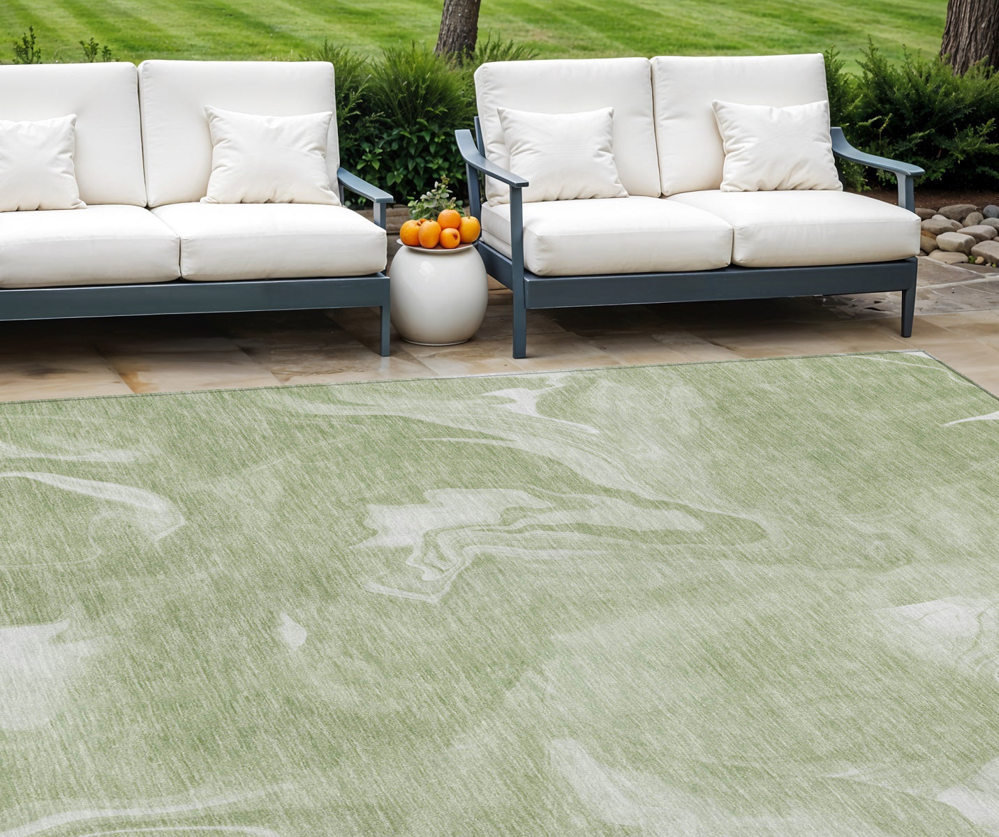 9' X 12' Artichoke Green Fern Green And Ivory Abstract Washable Indoor Outdoor Area Rug