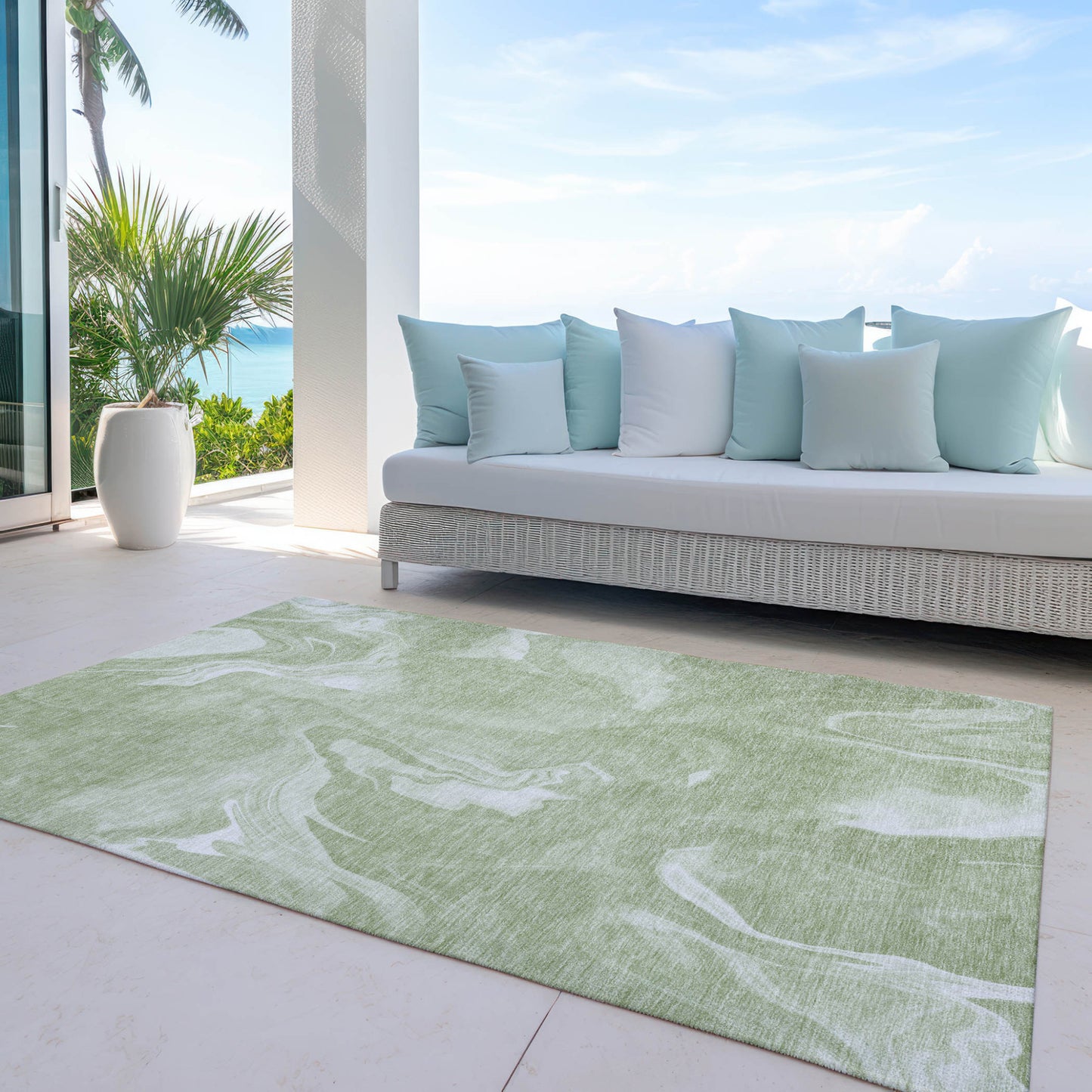 9' X 12' Artichoke Green Fern Green And Ivory Abstract Washable Indoor Outdoor Area Rug