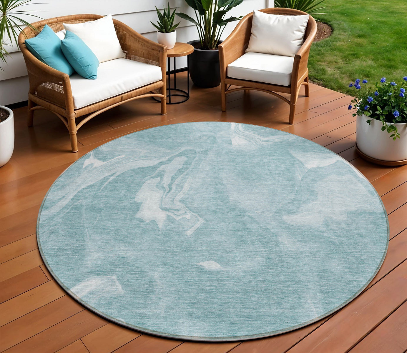 8' Teal Blue And Aqua Round Abstract Washable Indoor Outdoor Area Rug
