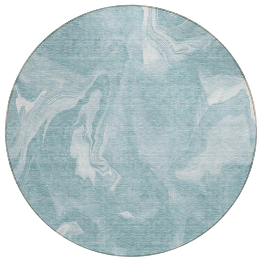 8' Teal Blue And Aqua Round Abstract Washable Indoor Outdoor Area Rug