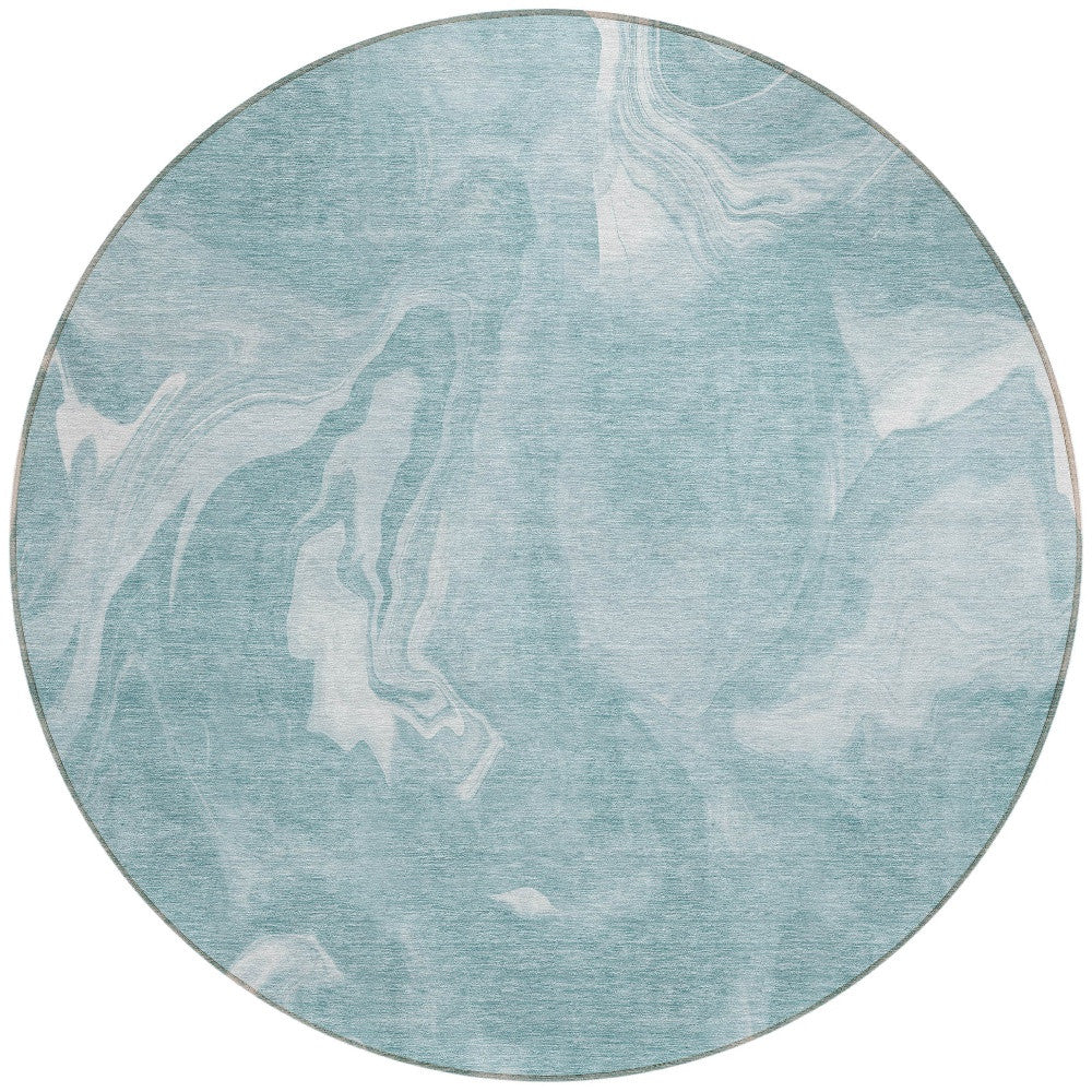 8' Teal Blue And Aqua Round Abstract Washable Indoor Outdoor Area Rug