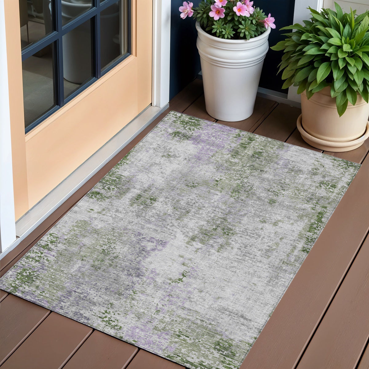 3' X 5' Olive Green And Gray Abstract Washable Indoor Outdoor Area Rug
