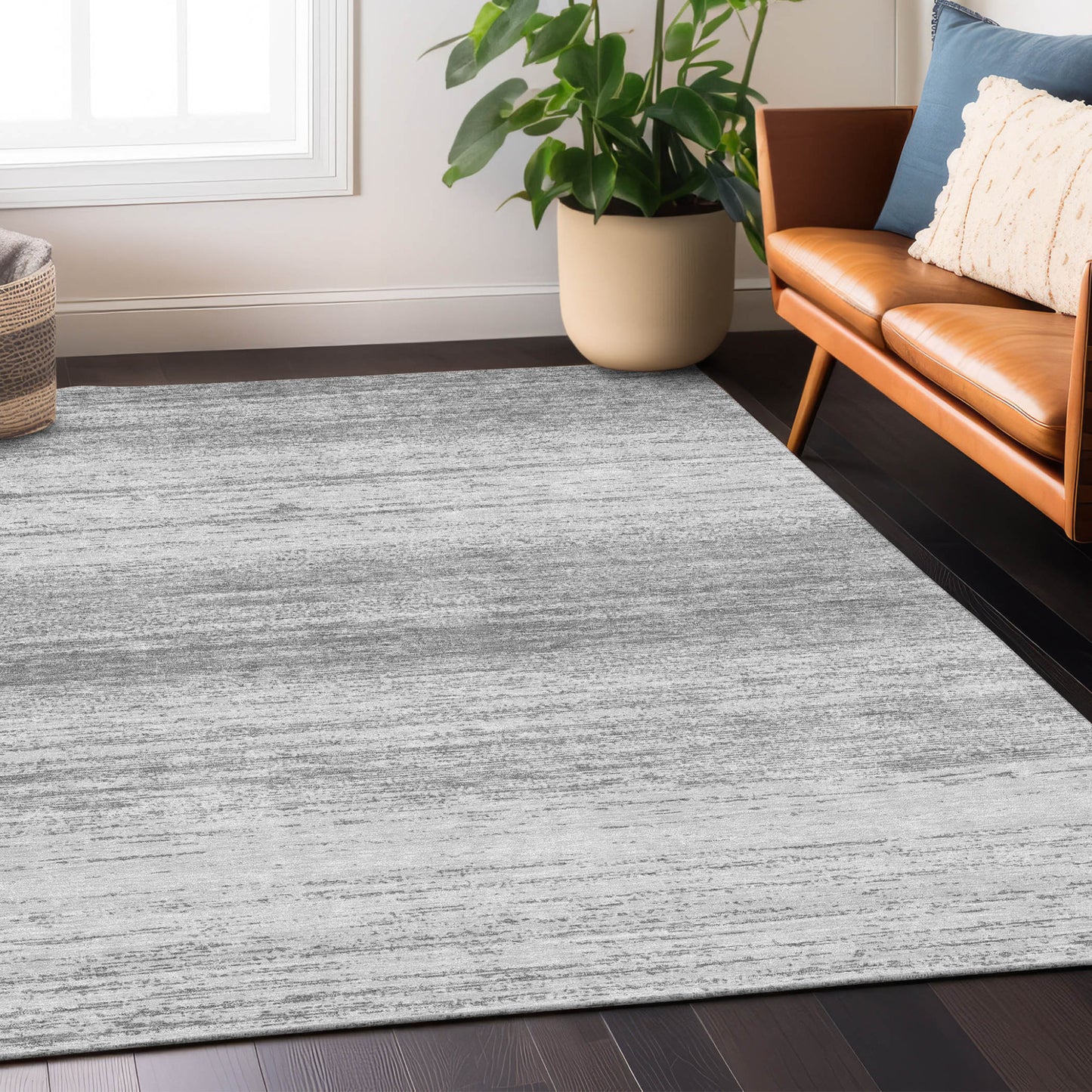 3' X 5' Gray And Silver Striped Washable Indoor Outdoor Area Rug